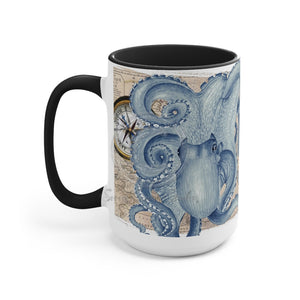 Blue Octopus Vintage Beige Map Compass Art Two-Tone Coffee Mugs 15Oz / Black Mug