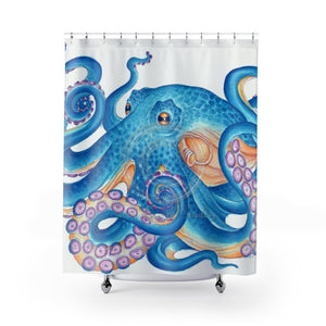 Blue Orange Octopus Tentacles Watercolor Art Shower Curtain 71 × 74 Home Decor