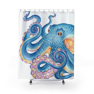 Blue Orange Octopus Watercolor Shower Curtain 71 × 74 Home Decor