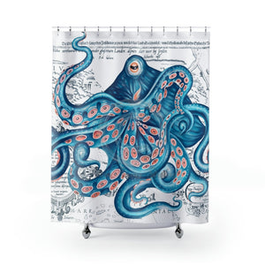 Blue Pink Octopus Vintage Map Nautical Art Shower Curtain 71 × 74 Home Decor