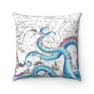 Blue Pink Tentacles Vintage Map Square Pillow 14X14 Home Decor