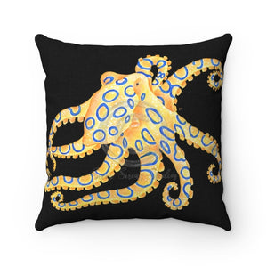 Blue Ring Octopus On Black Square Pillow 14X14 Home Decor
