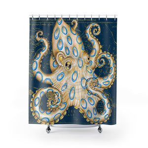 Blue Ring Octopus Tentacles Ink Art Vintage Map Shower Curtain 71 × 74 Home Decor