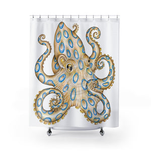 Blue Ring Octopus Tentacles Ink Art White Shower Curtain 71 × 74 Home Decor