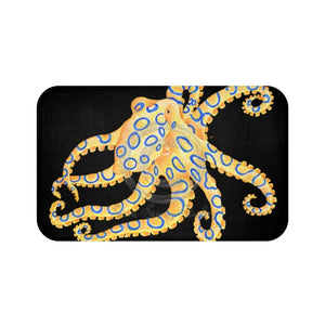 Blue Ring Octopus Tentacles Watercolor Art Black Bath Mat Large 34X21 Home Decor