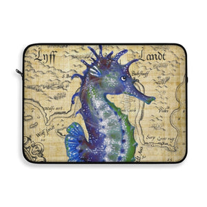 Blue Seahorse Vintage Map Beige Watercolor Art Laptop Sleeve 15