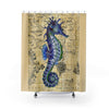 Blue Seahorse Vintage Map Beige Watercolor Art Shower Curtain 71 × 74 Home Decor