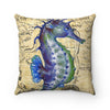 Blue Seahorse Vintage Map Beige Watercolor Art Square Pillow Home Decor