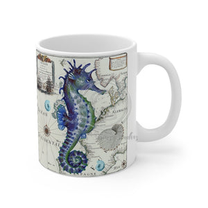 Blue Seahorse Vintage Map Watercolor Mug 11Oz