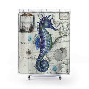 Blue Seahorse Vintage Map Watercolor Shower Curtain 71 × 74 Home Decor