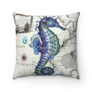 Blue Seahorse Vintage Map Watercolor Square Pillow 14 × Home Decor