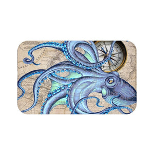 Blue Teal Octopus Compass Nautical Map Ink Art Bath Mat 34 × 21 Home Decor