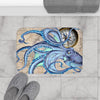 Blue Teal Octopus Compass Nautical Map Ink Art Bath Mat Home Decor