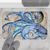 Blue Teal Octopus Compass Nautical Map Ink Art Bath Mat Home Decor