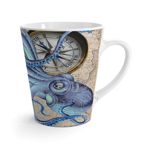 Blue Teal Octopus Compass Nautical Map Ink Art Latte Mug 12Oz Mug