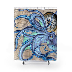 Blue Teal Octopus Compass Nautical Map Ink Art Shower Curtain 71 × 74 Home Decor