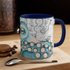 Blue Teal Octopus Vintage Map On White Art Accent Coffee Mug 11Oz