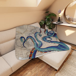Blue Tentacles Beige Vintage Map Nautical Marine Ink Art Tan Sherpa Blanket 60 × 50 Home Decor