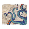 Blue Tentacles Beige Vintage Map Nautical Marine Ink Art Tan Sherpa Blanket Home Decor