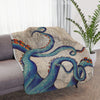 Blue Tentacles Beige Vintage Map Nautical Marine Ink Art Tan Sherpa Blanket Home Decor