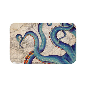 Blue Tentacles Octopus Beige Map Nautical Ink Art Bath Mat 34 × 21 Home Decor