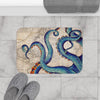 Blue Tentacles Octopus Beige Map Nautical Ink Art Bath Mat Home Decor