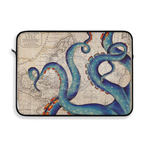 Blue Tentacles Octopus Beige Map Nautical Ink Art Laptop Sleeve 15