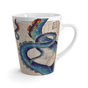 Blue Tentacles Octopus Beige Map Nautical Ink Art Latte Mug 12Oz Mug