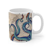 Blue Tentacles Octopus Beige Map Nautical Ink Art Mug 11Oz