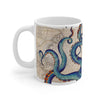 Blue Tentacles Octopus Beige Map Nautical Ink Art Mug 11Oz