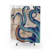 Blue Tentacles Octopus Beige Map Shower Curtain 71 × 74 Home Decor