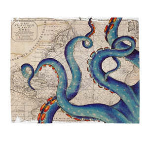 Blue Tentacles Octopus Vintage Map Watercolor White Velveteen Plush Blanket 50 × 60 All Over Prints