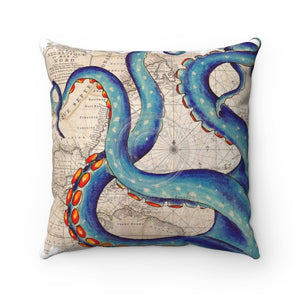 Blue Tentacles Vintage Map Octopus Square Pillow 14 × Home Decor
