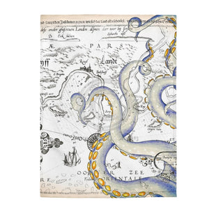 Blue Weathered Tentacles Octopus Vintage Map Art Velveteen Plush Blanket 60 × 80 All Over Prints