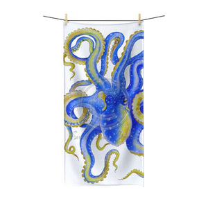 Blue Yellow Octopus Watercolor Art On Black Polycotton Towel Bath 30X60 Home Decor
