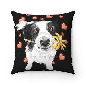 Border Collie Hearts Love Watercolor Black Art Square Pillow 14 × Home Decor