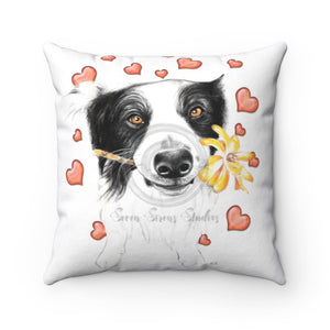 Border Collie Hearts Love Watercolor White Art Square Pillow 14 × Home Decor