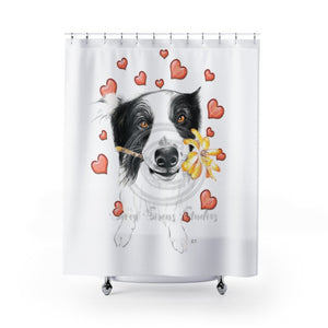 Border Collie Hearts Love White Watercolor Shower Curtain 71 × 74 Home Decor