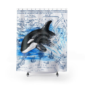 Breaching Baby Orca Vintage Map Blue Shower Curtain 71X74 Home Decor
