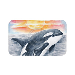 Breaching Orca Killer Whale Sunset Ii Watercolor Art Bath Mat 34 × 21 Home Decor