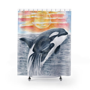 Breaching Orca Killer Whale Sunset Ii Watercolor Art Shower Curtain 71 × 74 Home Decor