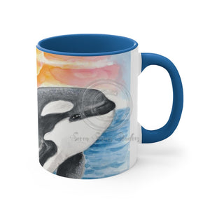 Breaching Orca Killer Whale Sunset Watercolor Art Accent Coffee Mug 11Oz Blue /