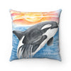 Breaching Orca Killer Whale Sunset Watercolor Art Square Pillow Home Decor