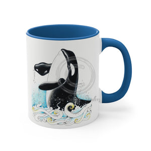Breaching Orca Whale Waves Ink Art Accent Coffee Mug 11Oz Blue /