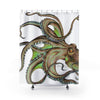 Brown Green Octopus On White Ink Art Shower Curtain 71 × 74 Home Decor