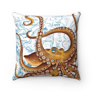 Brown Octopus Vintage Map White Square Pillow 14X14 Home Decor