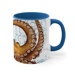 Brown Octopus Watercolor Vintage Map On White Art Accent Coffee Mug 11Oz Blue /
