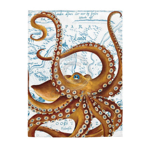 Brown Tentacles Octopus Vintage Map Art Velveteen Plush Blanket 60 × 80 All Over Prints