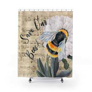 Bumble Bee White Peony Music Art Shower Curtain 71 × 74 Home Decor