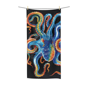 Colorful Blue Yellow Octopus Watercolor Art On Black Polycotton Towel Beach 36X72 Home Decor
